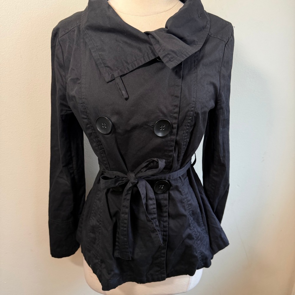 Windsor Womens Black Double Breasted Belted Trench Style Jacket Size 10